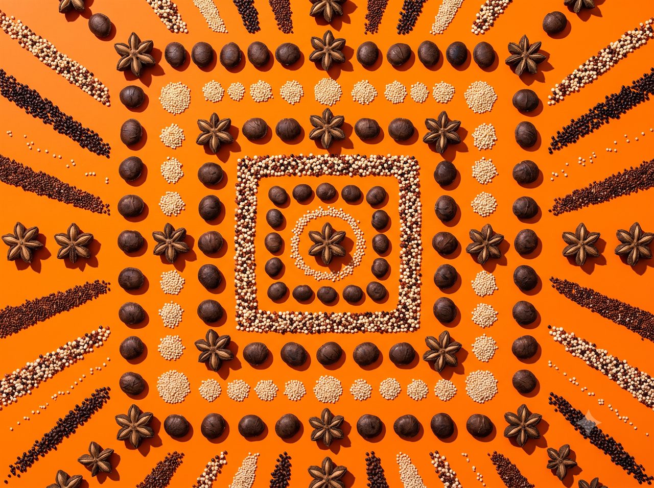 Sacha inchi y granos andinos sobre fondo naranja