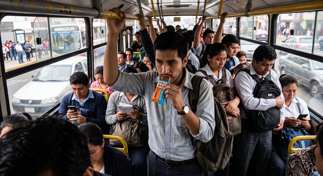 Hombre come una barra en un bus de Lima camino al trabajo