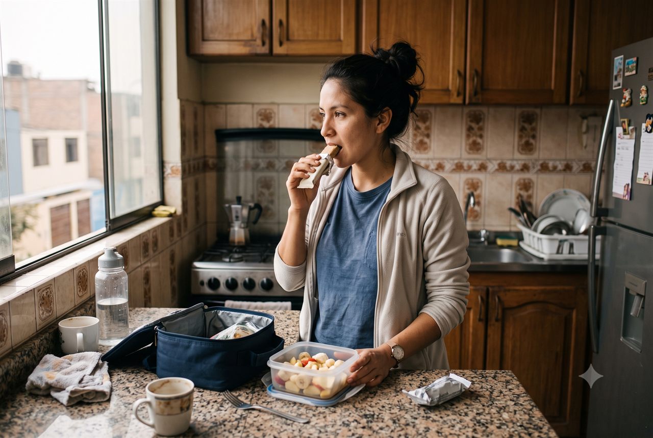 Mujer come una barra de pie en su cocina en Lima